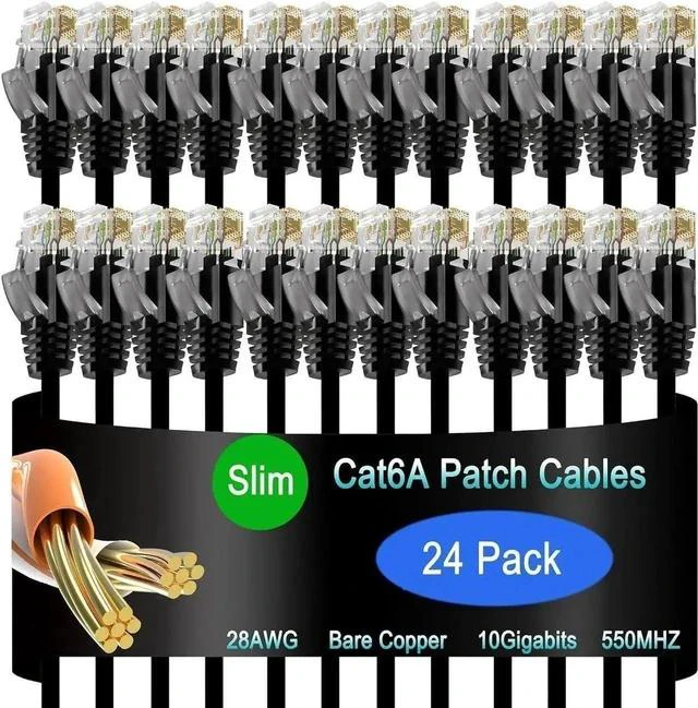 Main image of 24 Pack 1ft Black Slim Cat6a Ethernet Patch Cables, 10Gbps High Speed LAN Jumper Cords for Data Center, Enterprise & Home Network Deployment