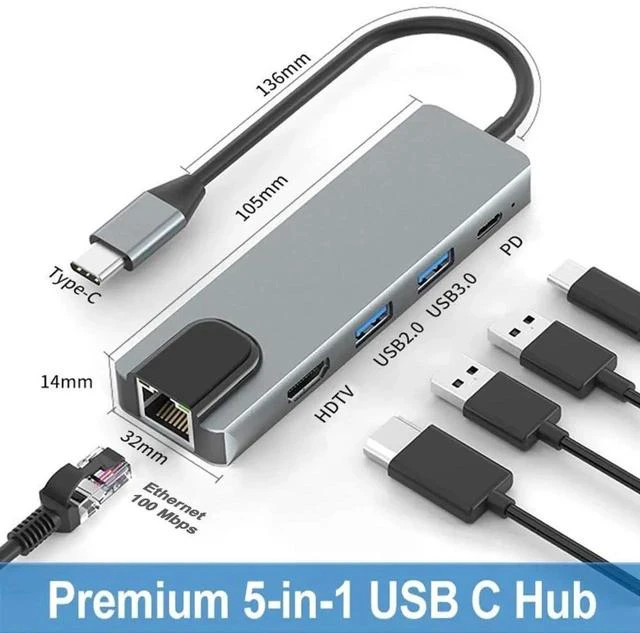 Alt view image 2 of 7 - 5-in-1 USB C Multiport Adapter with Gigabit Ethernet, 4K@60Hz HDMI, 2 USB 3.0 & 100W PD Charging Port, USB C Dock Hub for USB-C Laptops