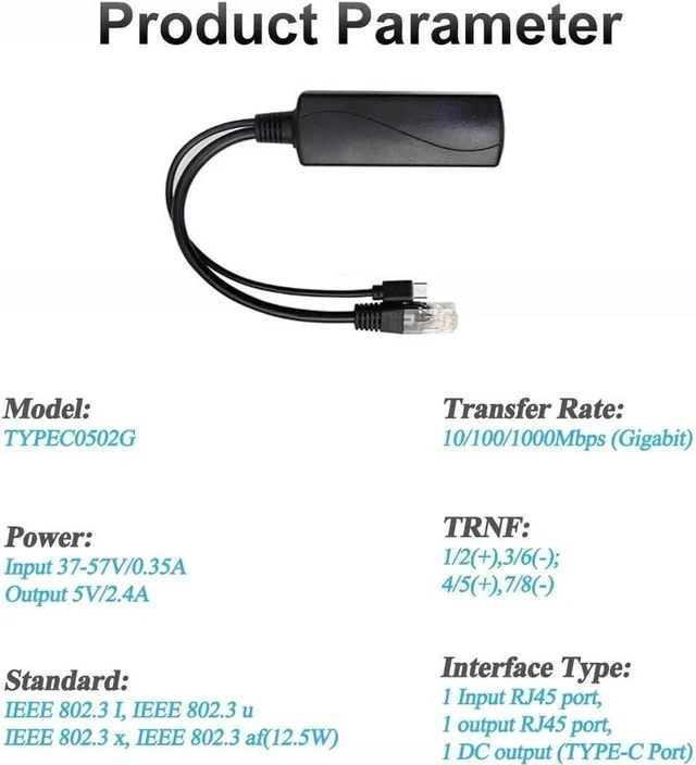 Alt view image 6 of 7 - Gigabit Type C PoE Splitter 5V 2.4A, IEEE 802.3af Standard, 10/100/1000Mbps Type C Power Over Ethernet Splitter for 5v Devices, iPads, USB, Dropcam, Raspberry Pi
