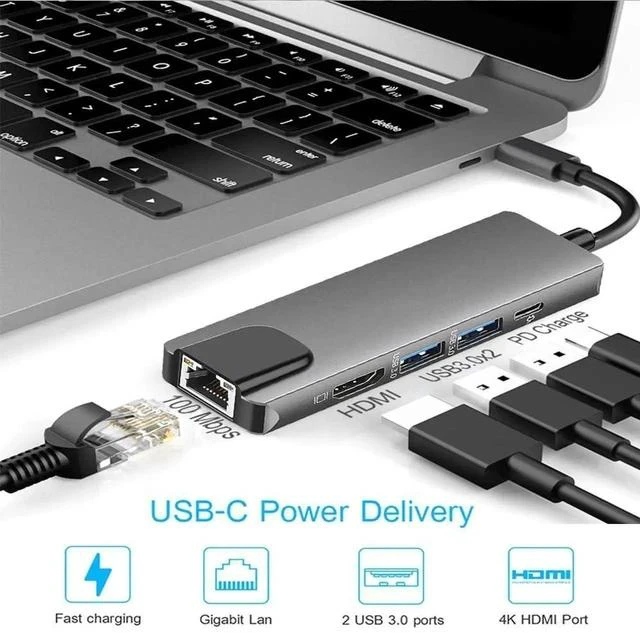 Alt view image 6 of 7 - 5-in-1 USB C Multiport Adapter with Gigabit Ethernet, 4K@60Hz HDMI, 2 USB 3.0 & 100W PD Charging Port, USB C Dock Hub for USB-C Laptops