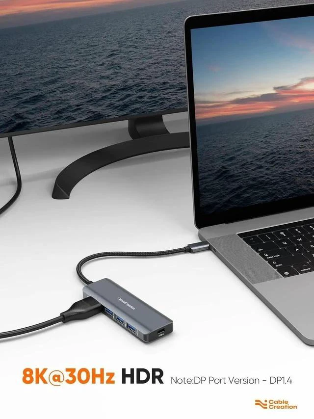 Alt view image 5 of 7 - 5-in-1 USB C Multiport Hub, Space Grey Aluminum USB C Adapter with 8K@30Hz / 4K@120Hz HDMI, 100W PD Pass-Through Charging & 3×USB 3.0 Ports, Portable USB C Dock Compatible with MacBook Pro/Air, iPad P