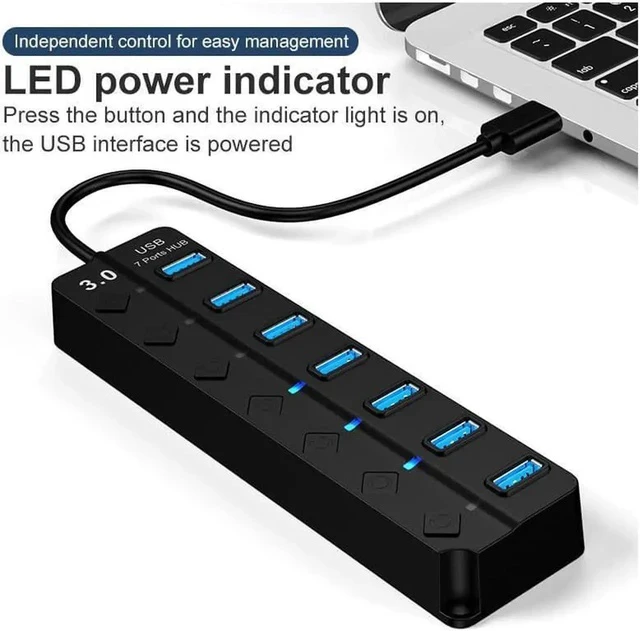 Alt view image 6 of 7 - USB 3.0 Hub, DEFEILIN 7 Port Powered USB Hub Expander Aluminum USB 3.0 Data Port hub with Universal 5V AC Adapter and Individual On/Off Switches USB Splitter for Laptop and PC(Black)