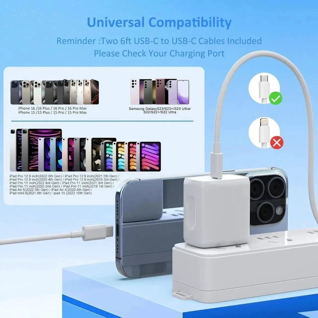 Alt view image 3 of 7 - USB C Charger Type C Fast Charging 2 Pack 25W Chargers Block with 2 Pack 6FT USB C to C Cable for iPhone 15 16 Pro Max/iPad/ Series and More