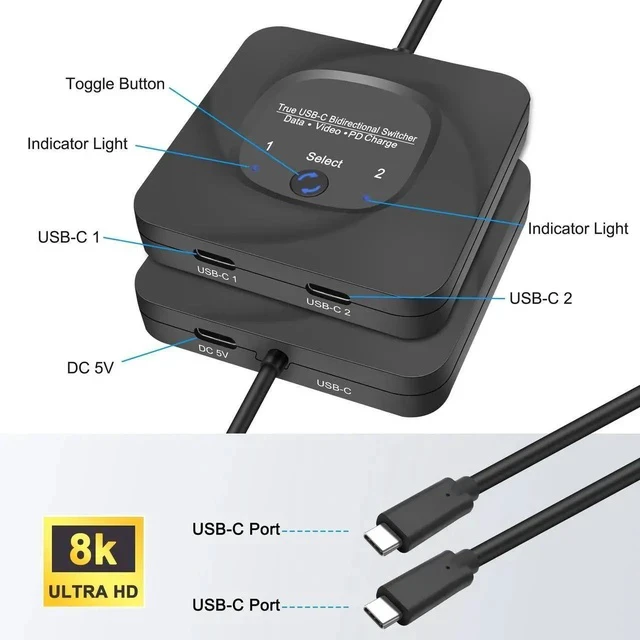 Alt view image 3 of 7 - USB C Type-C Switcher 1 in 2 Out/2 in 1 Out 8K@60Hz 4K@120Hz Type-C Bi-Directional Switch Selector Support 48Gbps Data Transmission with Type-C Cables for PC Monitor HDTV-1 PCS