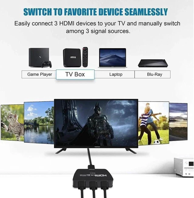 Alt view image 3 of 7 - 4K@60Hz HDMI Switch 3 Port 4K HDMI Switcher Splitter Box 3 in 1 Out 3x1 HDM Switch Selector with 3.9FT HDMI Cable Support 3D HDCP 2.2 HDR 10 Monitor Switch for Fire Stick, PS5, Xbox