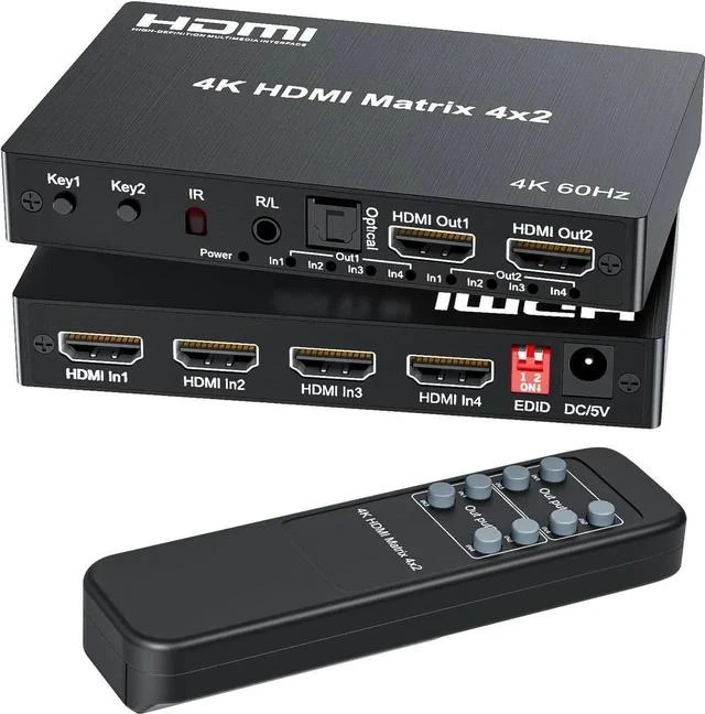 Main image of 4x2 HDMI Matrix, HDR 4K@60Hz 4 in 2 Out HDMI Switch Splitter with IR Remote, HDMI Matrix Switch + Optical Toslink + 3.5mm L/R Audio Output, Support UHD HDMI2.0, HDCP2.2, 18Gbps, EDID, Audio Extract