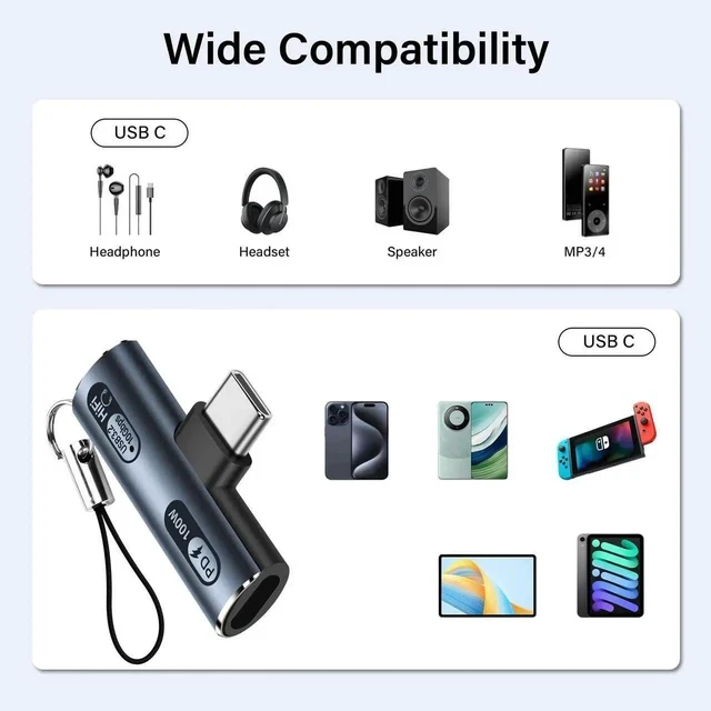 Alt view image 2 of 7 - USB C 2 in1 Headphone Adapter USB3.2 100W PD Fast Charge + Audio + 10Gbps Fast Data Transfer USB C to Type-C Audio Adapter Compatible with LaptopsMacBookTablets-Gray