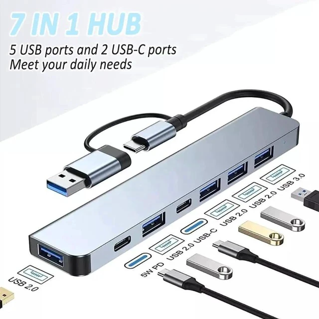 Alt view image 4 of 7 - Aluminum 7-in-1 USB C Multiport Hub Splitter, 5 USB 3.0 + 2 USB-C Ports Portable Adapter Compatible with MacBook, iPad, Laptops, PS4, Xbox, HDD, Printer, Mouse, Keyboard, HP