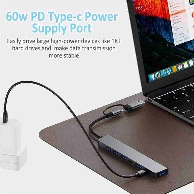 Alt view image 5 of 7 - Aluminum 7-in-1 USB C Multiport Hub Splitter, 5 USB 3.0 + 2 USB-C Ports Portable Adapter Compatible with MacBook, iPad, Laptops, PS4, Xbox, HDD, Printer, Mouse, Keyboard, HP