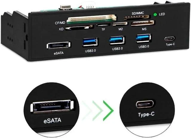 Alt view image 5 of 6 - STW-3125 5.25 Inch PC Front Panel All-in-One Media Card Reader, 3×USB3.0 + USB-C + eSATA Port, Multi-Slot Card Hub Supports MD/SD/MMC/XD/TF/M2/MS & 64GB CF Cards for Desktop Optical Drive Bay