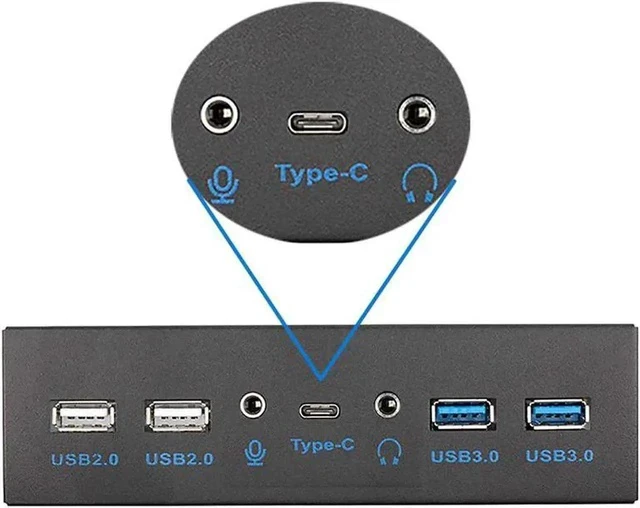 Alt view image 5 of 6 - 5.25 Inch PC Front Panel Multiport Hub, USB3.2 Gen2 10Gbps USB-C, 2×USB3.0, 2×USB2.0, 3.5mm HD Audio & Mic Jack, 7-Port Built-in Chassis Expansion Adapter with Motherboard Header Cable