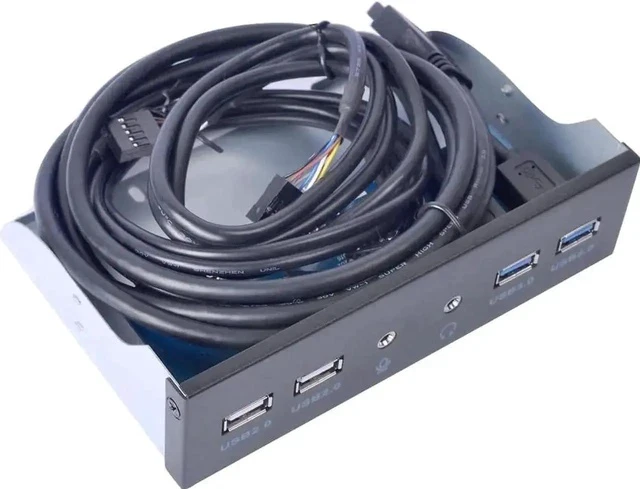 Alt view image 3 of 4 - 5.25 Inch PC Front Panel USB Hub, 2 USB3.0 + 2 USB2.0, HD Audio & Mic Jack, 20Pin Header with 2FT Extension Cable for Desktop Computer Case