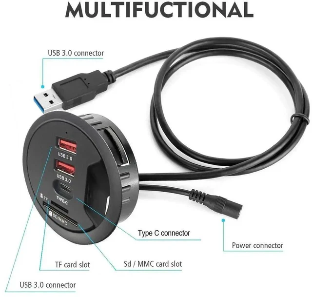 Alt view image 5 of 6 - 60MM 2.36 Inch Desk Grommet USB 3.0 Hub, Embedded Desktop Multiport Hub with 2 USB-A 3.0 + 1 USB-C, SD TF Card Reader, Supports Simultaneous Data Sync & Device Charging