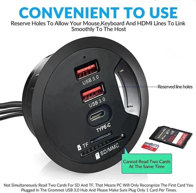 Alt view image 3 of 6 - 60MM 2.36 Inch Desk Grommet USB 3.0 Hub, Embedded Desktop Multiport Hub with 2 USB-A 3.0 + 1 USB-C, SD TF Card Reader, Supports Simultaneous Data Sync & Device Charging