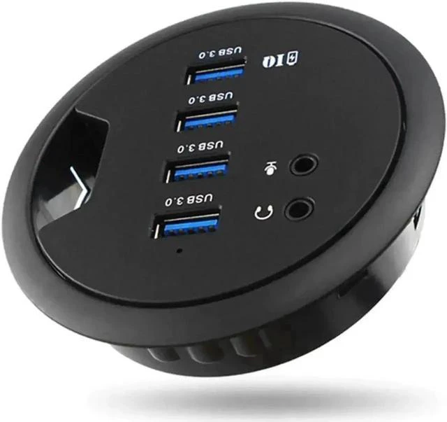 Main image of In-Desk Grommet USB 3.0 Hub Combo, 4-Port SuperSpeed 5Gbps Docking Station with External Stereo Sound Card, Fits Standard 3-Inch Desk Cable Grommet Hole for Office & Gaming Desks
