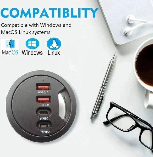 Alt view image 3 of 7 - 60mm 2.36 Inch Grommet Mount USB 3.0 Desk Hub, 2 USB-A + 2 USB-C Ports for Data & Charging, Table Cable Hole USB Splitter with 5V/2A Power Adapter for Office & Gaming Desks