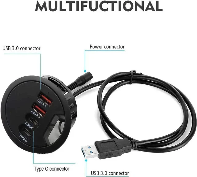 Alt view image 4 of 7 - 60mm 2.36 Inch Grommet Mount USB 3.0 Desk Hub, 2 USB-A + 2 USB-C Ports for Data & Charging, Table Cable Hole USB Splitter with 5V/2A Power Adapter for Office & Gaming Desks