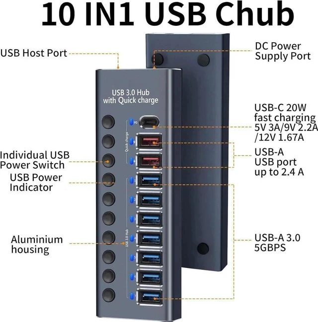 Alt view image 2 of 7 - 10 Ports 60W USB 3.0 Hub with Individual On/Off Switches, Aluminum Shell, 12V/5A Power Adapter, 5Gbps High Speed Data & Charging Hub for PC Laptop Mobile Hard Drive