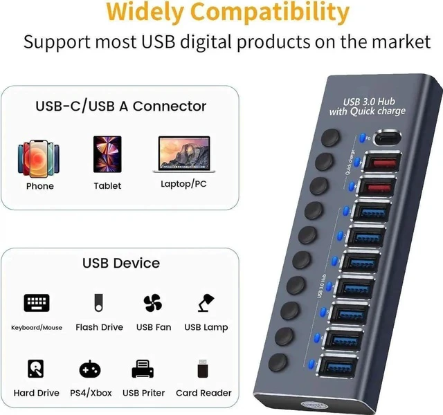 Alt view image 4 of 7 - 10 Ports 60W USB 3.0 Hub with Individual On/Off Switches, Aluminum Shell, 12V/5A Power Adapter, 5Gbps High Speed Data & Charging Hub for PC Laptop Mobile Hard Drive
