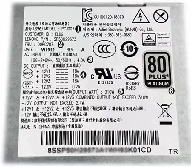 Main image of 00PC787 PCJ007 SP50H29573 310W for M80T M70T M90S P340 P350 P360 SFF G5-14IMB05 Power Supply