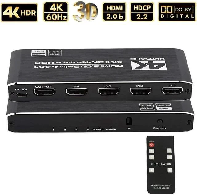 Main image of HDMI Switch 4x1 HDMI Switcher 4 in 1 Out HDMI Switch Selector 4 Port Box with IR Remote Control Support 4K@60Hz 3D HDR10 HDCP2.2 YUV444/RGB888