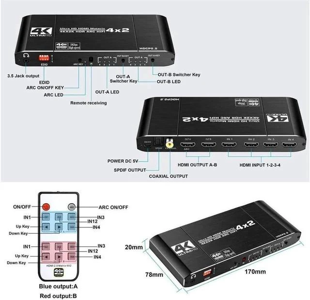Alt view image 6 of 7 - HDMI Matrix 4x2, 4K HDMI Matrix Switch, 1080P 3D, Dolby TrueHD, DTS-HD Master, PCM7.1, Coaxial, 3.5mm Stereo Audio, EDID, IR Remote