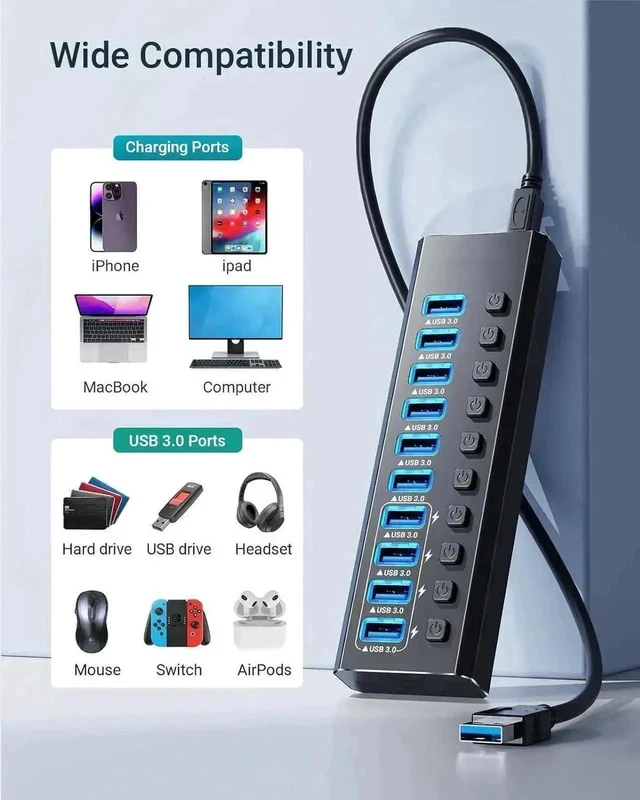 Alt view image 3 of 7 - 14-Port Powered USB 3.0 Hub Aluminum Housing, 10 USB 3.0 Data Ports + 4 Smart Charging Ports, Individual On/Off Switches with LED Indicators, Powered USB Splitter with Power Adapter for Laptops & Desk