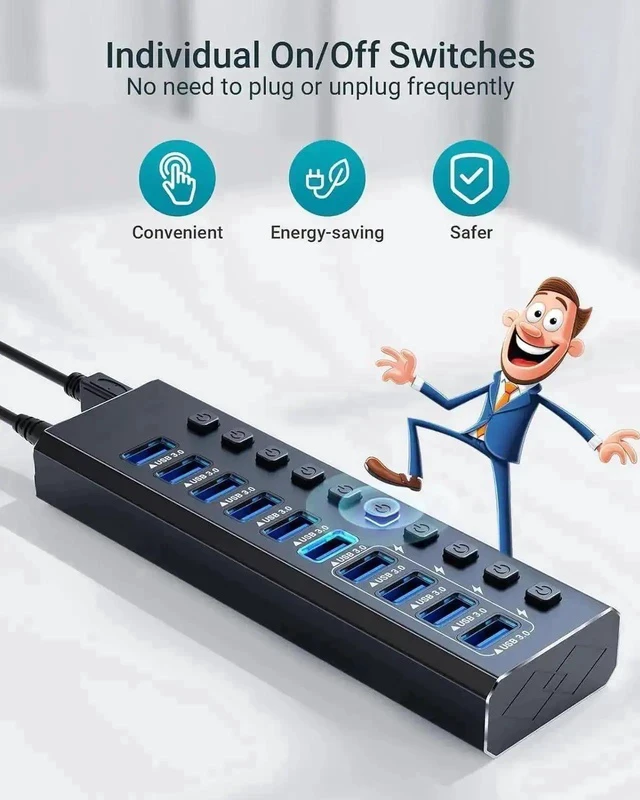Alt view image 6 of 7 - 14-Port Powered USB 3.0 Hub Aluminum Housing, 10 USB 3.0 Data Ports + 4 Smart Charging Ports, Individual On/Off Switches with LED Indicators, Powered USB Splitter with Power Adapter for Laptops & Desk