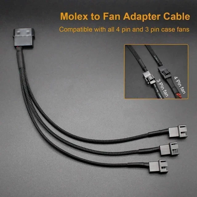 Alt view image 2 of 5 - 10 Inch Molex to 3 Way 3Pin/4Pin PC Case Fan Splitter Cable, 4Pin LP4 Molex to Triple Fan Power Adapter (2 Pack)