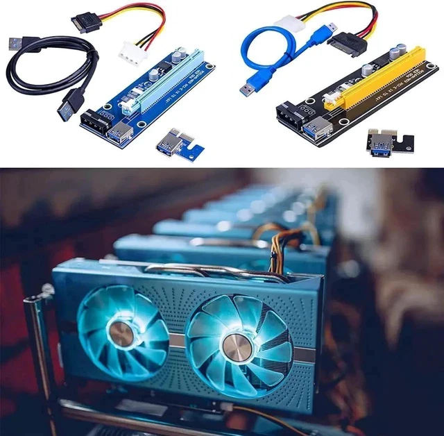 Alt view image 2 of 6 - Ver006 PCI-E Mining Riser Card, PCIe 1X to 16X GPU Extension Adapter with 0.6M USB 3.0 Cable & SATA to 6Pin Power Cord, Black for Bitcoin Ethereum Crypto Mining