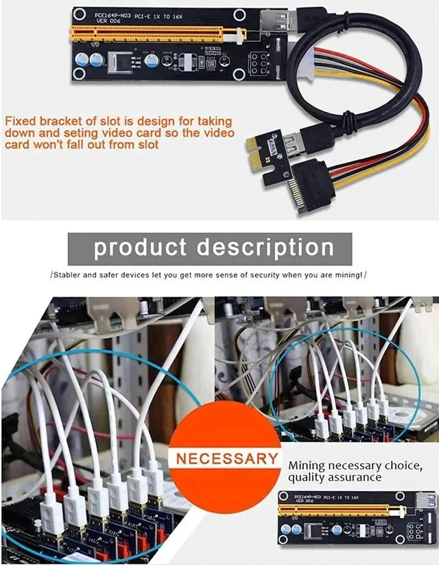 Alt view image 4 of 6 - Ver006 PCI-E Mining Riser Card, PCIe 1X to 16X GPU Extension Adapter with 0.6M USB 3.0 Cable & SATA to 6Pin Power Cord, Black for Bitcoin Ethereum Crypto Mining