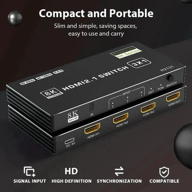 Alt view image 2 of 7 - 3 in 1 Out HDMI 2.1 Switch, 48Gbps High Speed HDMI Switcher Supports 8K@60Hz, 4K@120Hz, HDR10, CEC & Auto Switching, HDCP 2.3 for PS5, Xbox Series X/S, Nintendo Switch, PC, DVD Player, HDTV