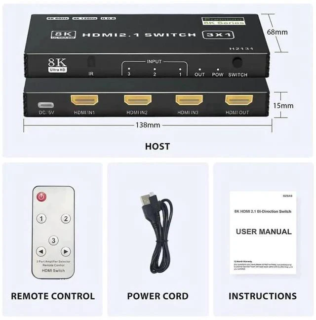 Alt view image 3 of 7 - 3 in 1 Out HDMI 2.1 Switch, 48Gbps High Speed HDMI Switcher Supports 8K@60Hz, 4K@120Hz, HDR10, CEC & Auto Switching, HDCP 2.3 for PS5, Xbox Series X/S, Nintendo Switch, PC, DVD Player, HDTV