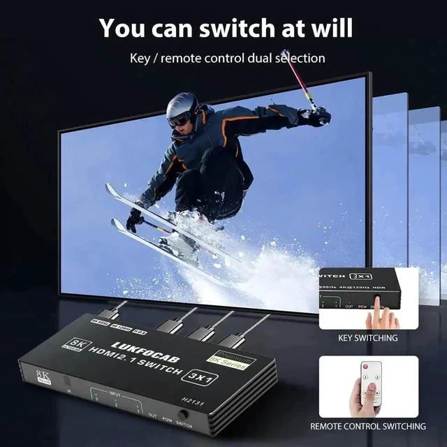 Alt view image 5 of 7 - 3 in 1 Out HDMI 2.1 Switch, 48Gbps High Speed HDMI Switcher Supports 8K@60Hz, 4K@120Hz, HDR10, CEC & Auto Switching, HDCP 2.3 for PS5, Xbox Series X/S, Nintendo Switch, PC, DVD Player, HDTV