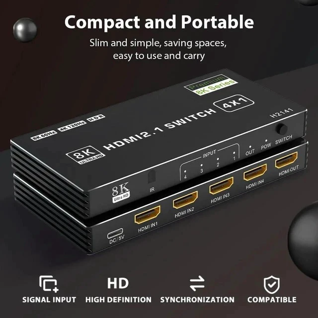 Alt view image 3 of 7 - 4 in 1 Out 8K HDMI 2.1 Switch with IR Remote, 48Gbps Auto HDMI Switcher Support 8K@60Hz HDR10 HDCP2.3, for PS5/PS4/PS3, Xbox, Nintendo Switch, HDTV Monitor