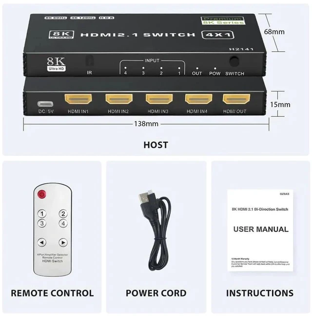 Alt view image 6 of 7 - 4 in 1 Out 8K HDMI 2.1 Switch with IR Remote, 48Gbps Auto HDMI Switcher Support 8K@60Hz HDR10 HDCP2.3, for PS5/PS4/PS3, Xbox, Nintendo Switch, HDTV Monitor