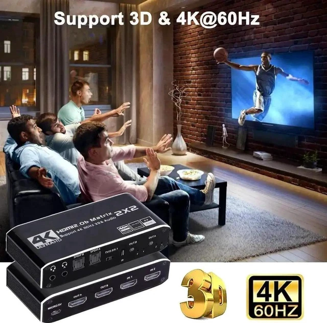 Alt view image 3 of 7 - 2 in 2 Out 4K@60Hz HDMI 2.0 Matrix Switch with Downscaler & Dual Audio Extractor, 2X2 HDMI Matrix Support HDR10, HDR10+, RGB 4:4:4 HDCP2.2, 2×SPDIF Optical + 2×3.5mm L/R Audio, Dolby Atmos, IR Remote
