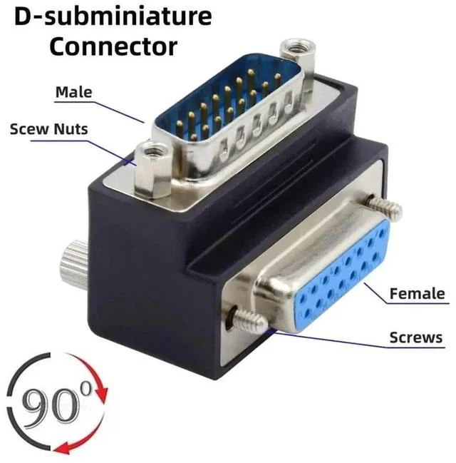 Alt view image 3 of 7 - 2 Pack 90 Degree Angled DB15 D-SUB Male to Female Adapter, HD15 SVGA Serial Gender Changer Coupler for Monitors, POS, Industrial Testing Equipment