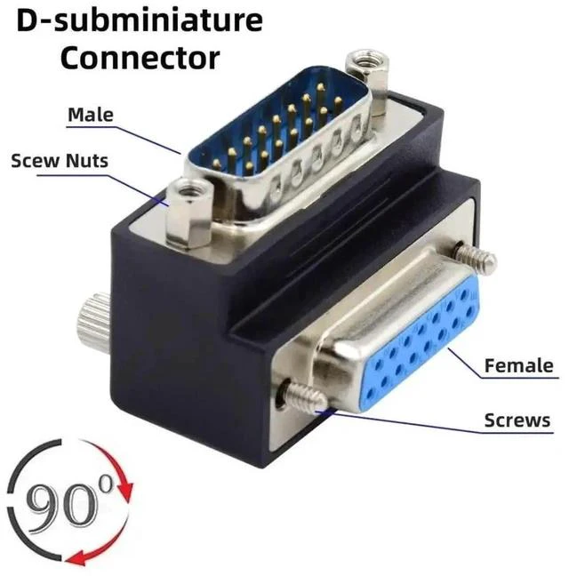 Alt view image 7 of 7 - 2 Pack 90 Degree Angled DB15 D-SUB Male to Female Adapter, HD15 SVGA Serial Gender Changer Coupler for Monitors, POS, Industrial Testing Equipment