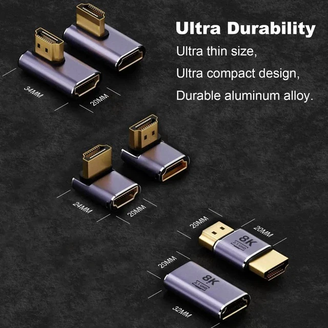 Alt view image 6 of 6 - 6 Pack Aluminum Alloy HDMI 2.1 Adapter Kit, 8K@60Hz 4K@120Hz Multi-Angle HDMI Extender, 90°/270° Up/Down/Left/Right Male to Female, Female to Female & Male to Male HDMI Coupler for PS5 Monitor HDTV PC