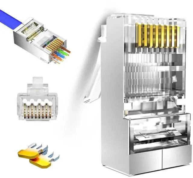 Main image of 20 Pack Pass Through Shielded Cat6/Cat6a RJ45 Connectors, Gold Plated FTP STP Modular Plugs Fit Solid & Stranded Cat6 Cat6a Ethernet Cables