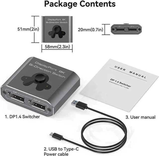 Alt view image 2 of 7 - DP 1.4 Bi-Directional DisplayPort Switch, 8K@60Hz 4K@120Hz 2 in 1 Out / 1 in 2 Out DP Selector Splitter Box, Manual One-Touch Switch Compatible with PC, Laptop, Monitor, Projector, HD TV