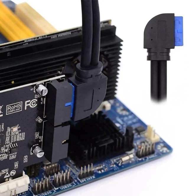 Alt view image 7 of 7 - 30cm 90 Degree Left Angled USB 3.0 Front Panel Cable, Dual USB 3.0 Female to Motherboard 20Pin Male Header with Screw Mount Bracket