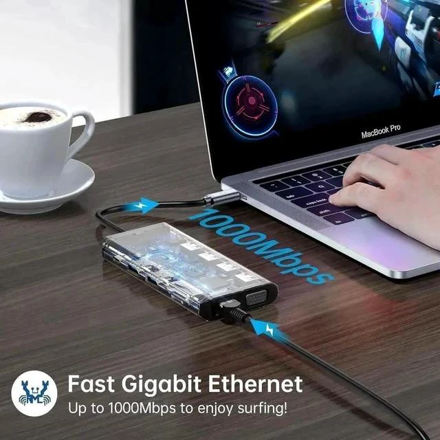 Alt view image 6 of 7 - 12-in-1 Triple Display USB C Docking Station, USB C Multiport Adapter with Dual HDMI, VGA, Gigabit Ethernet, 100W PD Charging, 2 USB3.0, 3 USB2.0, SD TF Card Reader, 3.5mm Audio Jack, Compatible with