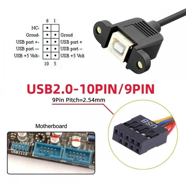 Alt view image 2 of 7 - USB 2.0 Motherboard 9/10Pin Header to Type-B Female Panel Mount Cable with Lock Nuts for Industrial Equipment Chassis