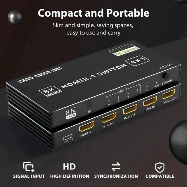 Alt view image 5 of 7 - 8K HDMI 2.1 Switch 4 in 1 Out, 48Gbps High Speed HDMI Switch Box with IR Remote & Auto Switching, Supports HDR10 HDCP2.3, Compatible with PS5, PS4, PS3, Xbox, Nintendo Switch, HDTV & Monitor