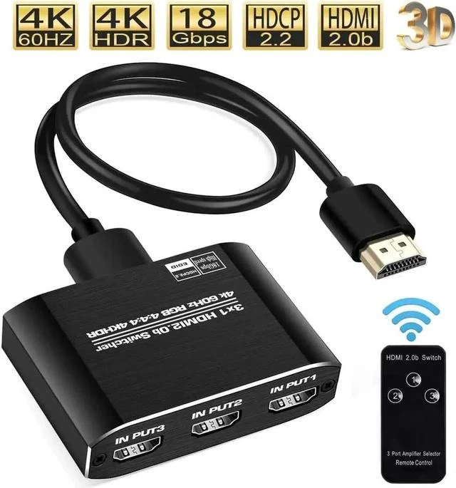 Alt view image 3 of 6 - 3 in 1 Out 4K@60Hz HDMI Switch with IR Remote Control, 3 Port HDMI Selector Adapter Model OZQ3-1, Compatible with Xbox, PS4, PS5 Pro, PC, Projector & Laptop
