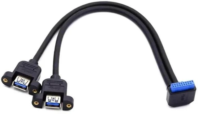Main image of 30cm 90 Degree Down Angled USB 3.0 Front Panel Cable, Dual USB 3.0 Female to Motherboard 20Pin Male Header with Screw Mount Bracket