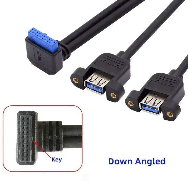 Alt view image 4 of 7 - 30cm 90 Degree Down Angled USB 3.0 Front Panel Cable, Dual USB 3.0 Female to Motherboard 20Pin Male Header with Screw Mount Bracket