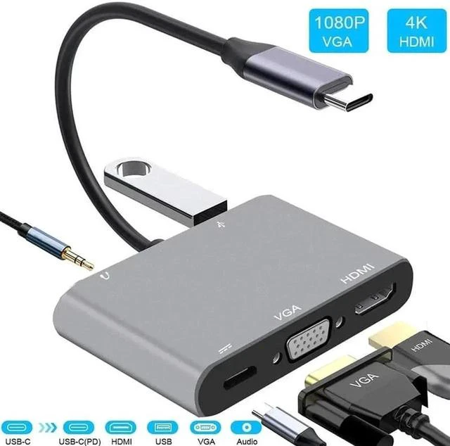 Main image of 5-in-1 Thunderbolt USB C Multiport Adapter, 4K HDMI, VGA, USB 3.0, 3.5mm Audio Jack & 100W PD Charging Port for USB-C Laptops & Smartphones